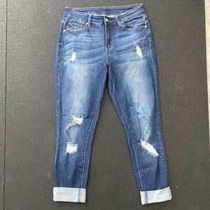 Kancan mid rise destructed dark wash jeans